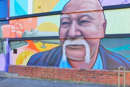 The Torrens Park Pump Station mural featuring Richard Mager on the southern side of the Torrens Park Pump Station