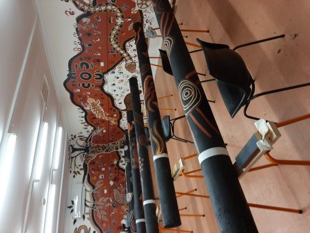 The poles laid out to dry with the Spiritual Grounding artwork by Marra Dreaming 