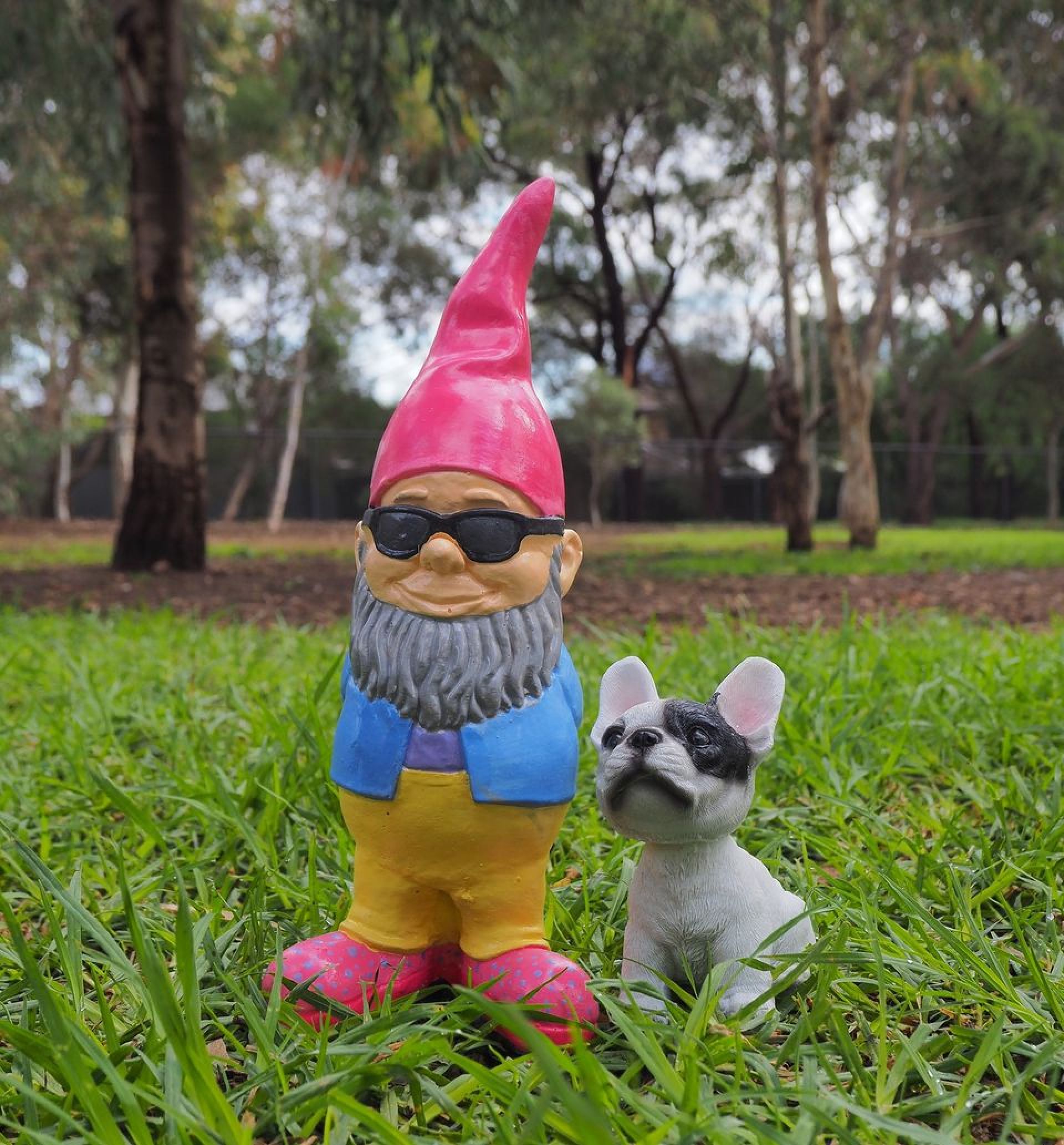 A gnome and his dog on the grass at CC Hood Reserve