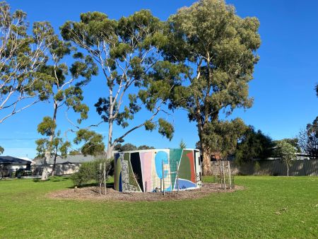 a photograph of the mural Together 2022 by artist Tristan Kerr painted on a water tank at Donald Street Reserve in St Marys