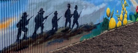 ANZAC Mural the soldiers march up the hill in single file