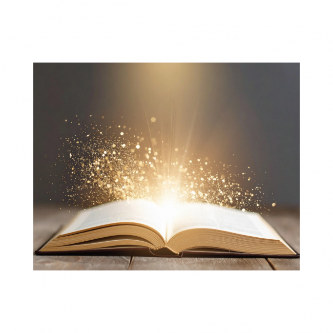 An open book with a glow and magic stars