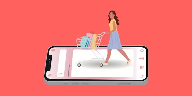 A cartoon image of a female adult pushing a shopping cart across a mobile phone.