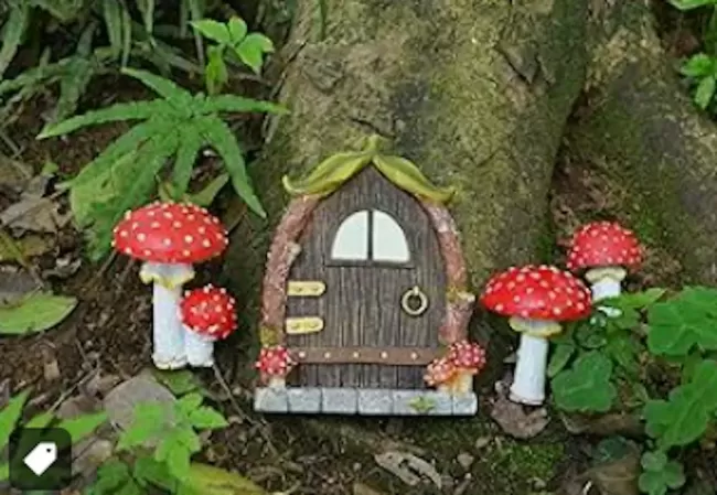 A fairy door and mushrooms