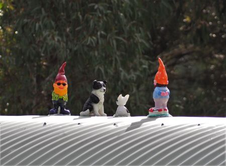 Gnomes standing on the roof of the shelter at CC Hood Reserve