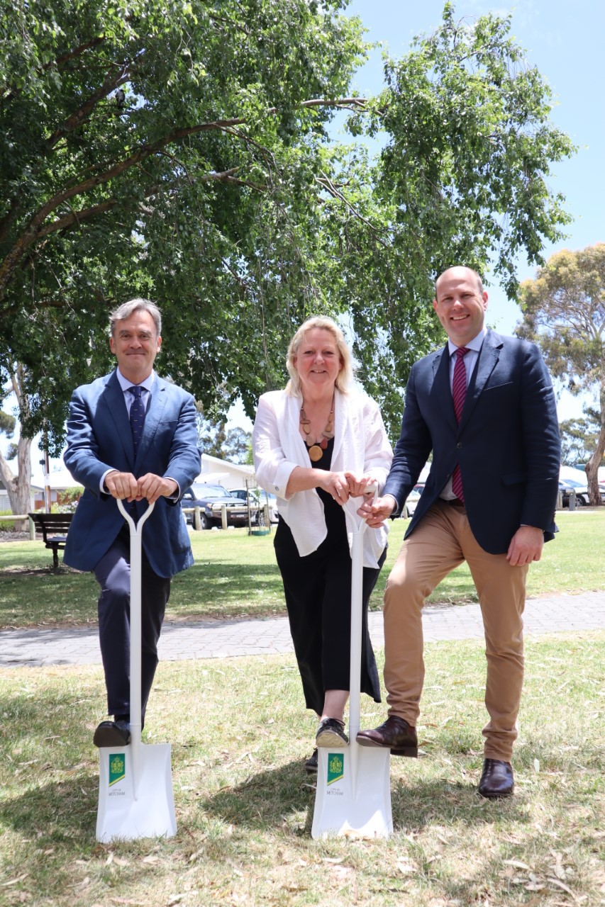 Senator for South Australia Andrew McLachlan CSC, Mayor Dr Heather Holmes-Ross and Member for Waite Sam Duluk MP officially turning the sod to begin construction of the Blackwood Community Hub