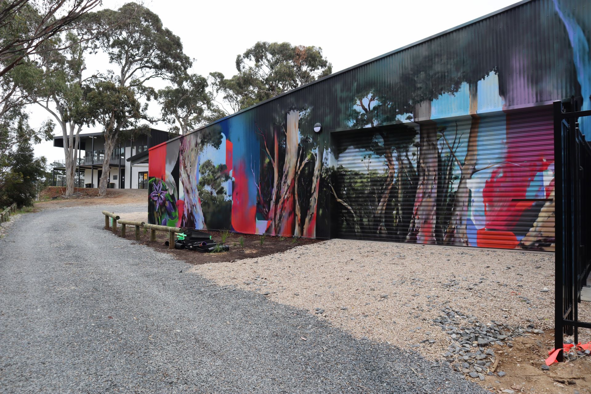South wall – facing Blackwood Hill Reserve A tribute to the surrounding environment, this mural panel showcases Grey Box gums, native wildflowers and the natural bushland that defines the nearby Blackwood Hill Reserve. Elements were shaped in collaboration with Bush for Life volunteers to reflect the true nature of the reserve.