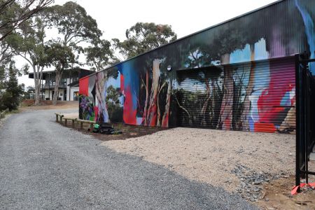 South wall – facing Blackwood Hill Reserve A tribute to the surrounding environment, this mural panel showcases Grey Box gums, native wildflowers and the natural bushland that defines the nearby Blackwood Hill Reserve. Elements were shaped in collaboration with Bush for Life volunteers to reflect the true nature of the reserve.