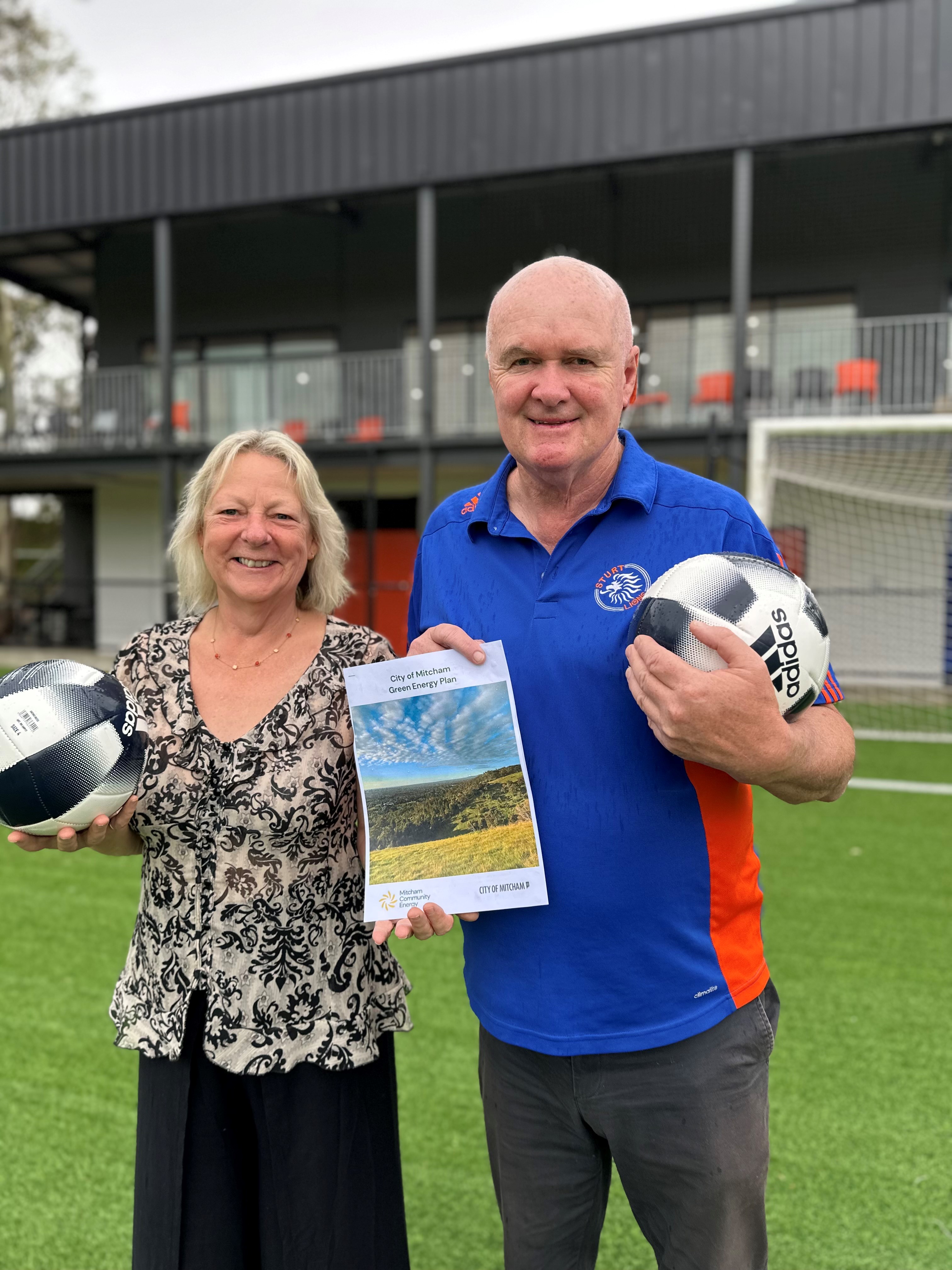 Sturt Lions Football Club President John Vander Veeken and City of Mitcham Mayor Dr Heather Holmes-Ross at Karinya Reserve. 